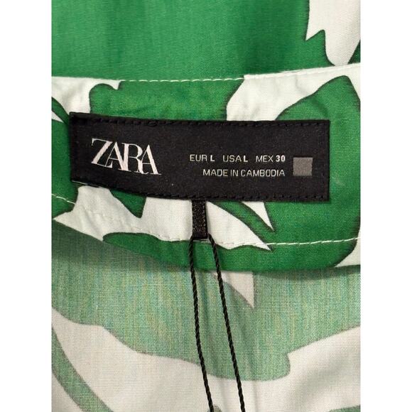 NWT Zara Floral Printed Midi Shirt Dress Women's L Cotton Green White Tropical - Picture 8 of 12